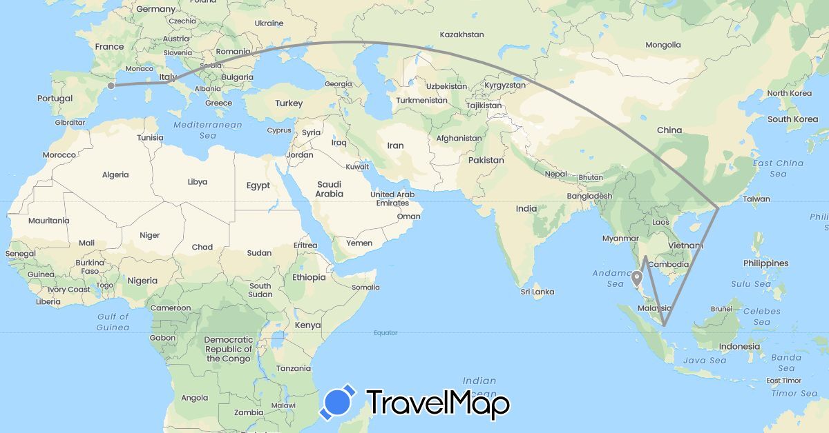 TravelMap itinerary: driving, plane in China, Spain, Italy, Singapore, Thailand (Asia, Europe)